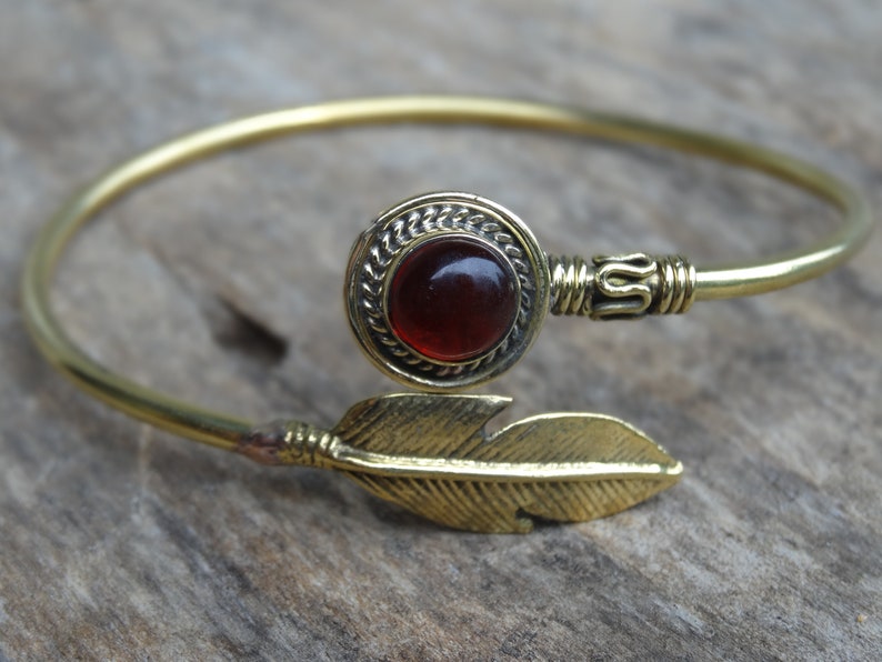 Natural Stone Garnet Brass Bangle Cuff Feather Bracelet Feather cuff bangle Garnet Brass Cuff Natural Stone Feather Bracelet