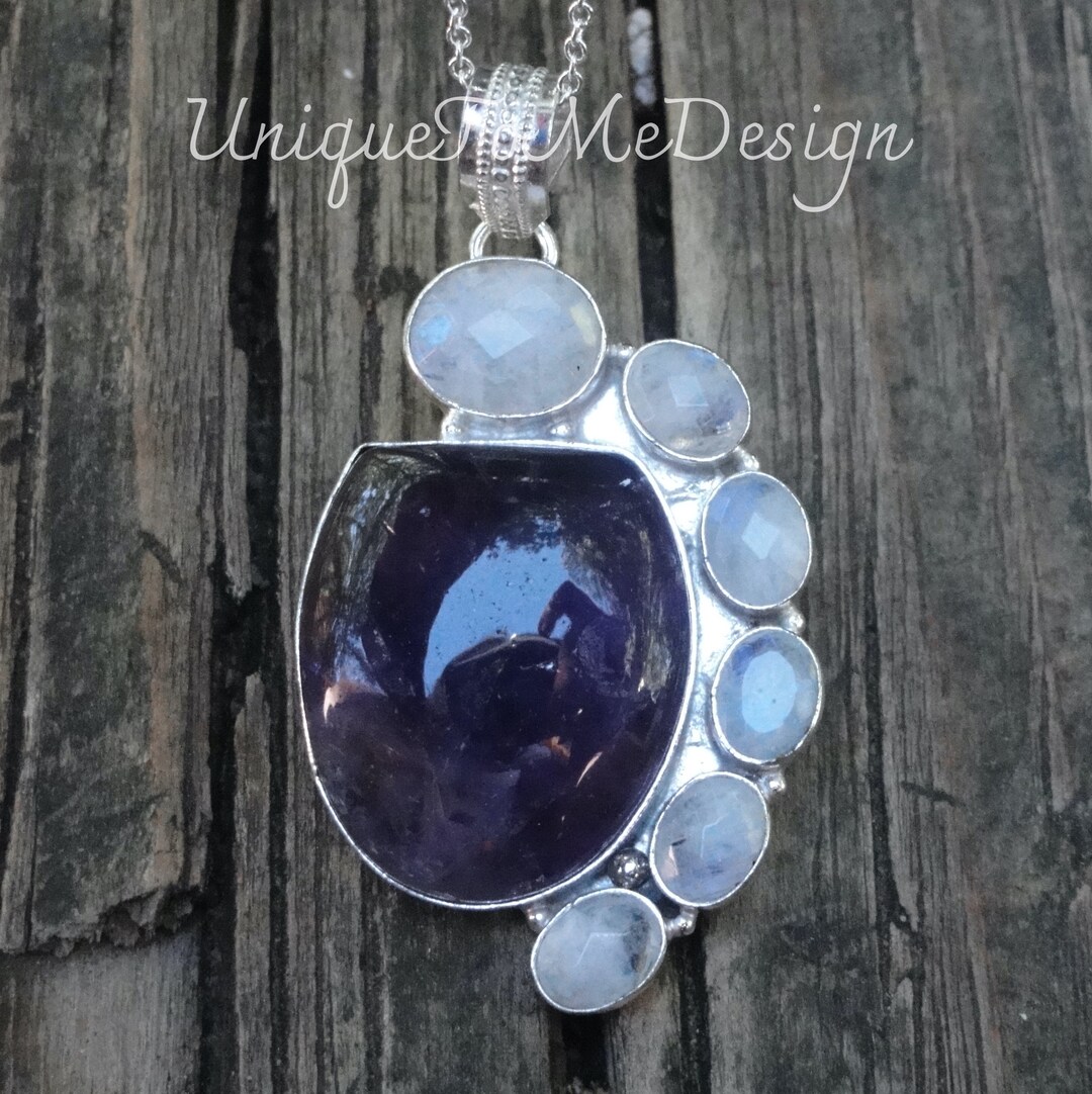 925 - Large Amethyst & Rainbow Moonstone Necklace, Sterling Silver ...