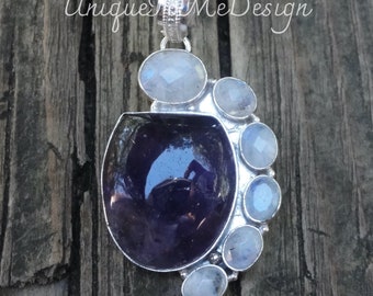 925 - Grand collier améthyste et pierre de lune arc-en-ciel, argent sterling, pendentif en pierre naturelle, déclaration de pierre de lune arc-en-ciel améthyste violette