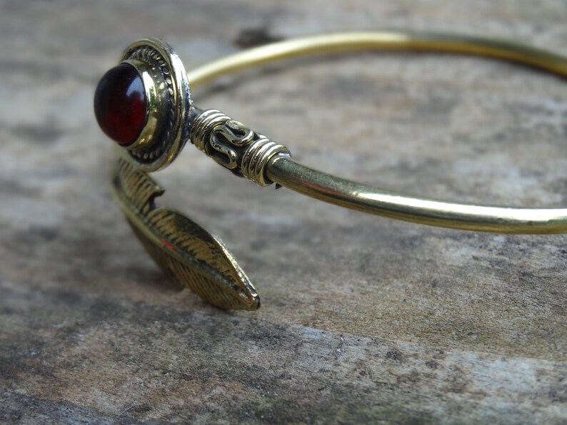 Natural Stone Garnet Brass Bangle Cuff Feather Bracelet Feather cuff bangle Garnet Brass Cuff Natural Stone Feather Bracelet