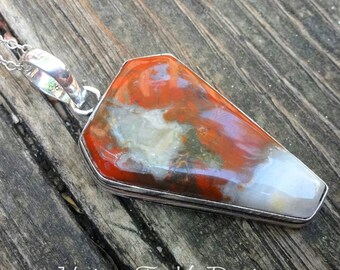 Red Moss Agate Coffin Necklace: Handmade Sterling Silver Pendant