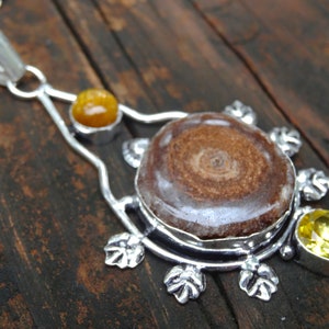 Statement - 925 Solar Quartz, Citrine, Tigers Eye Statement Necklace, Sterling Silver Bohemian gemstone pendant, Solar Quartz Slice Druzy