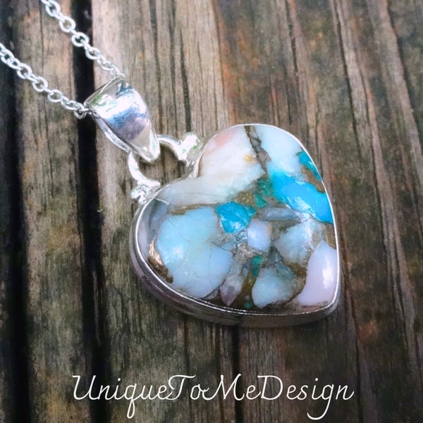 925 - Pink Opal in Turquoise Heart Necklace, Sterling Silver, Natural Stone Pendant, Opal Blue Turquoise Heart Necklace with Chain, OOAK