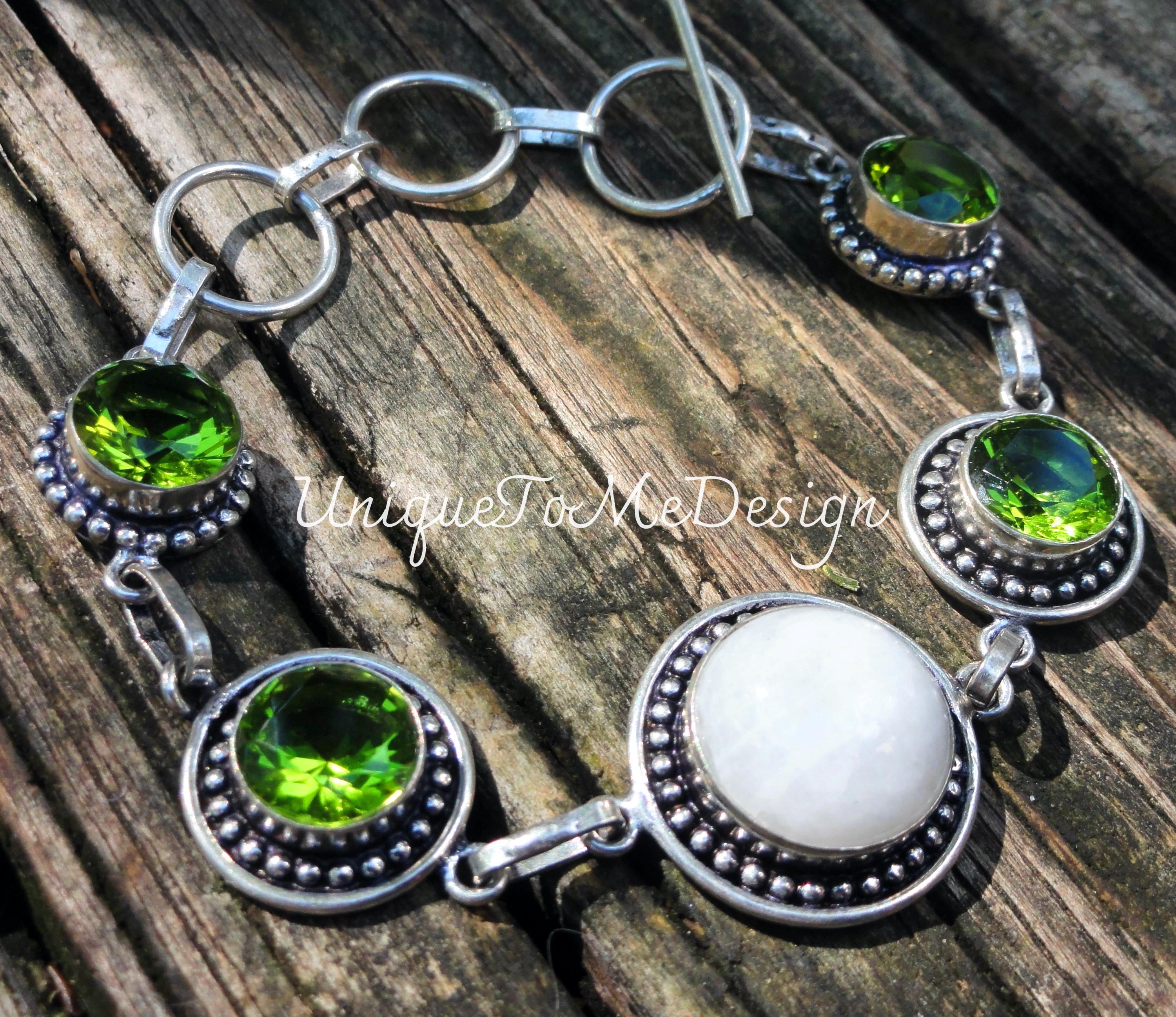 925 - Peridot & Moonstone Bracelet, Sterling Silver, Natural Stone, Green Peridot gemstone Statement Bracelet, 7"- 8" Rainbow Moonstone
