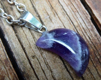 Moon, Natural Amethyst stone Sterling Silver Necklace, Purple, Chevron Natural Carved Moon Pendant on Sterling Silver Chain, Moon Necklace