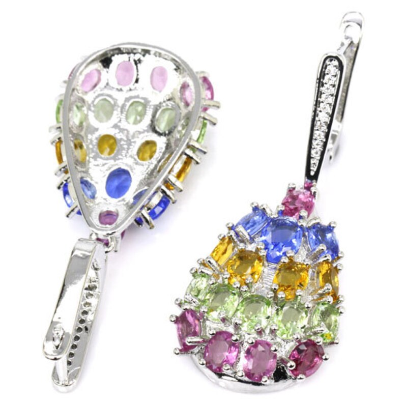Handmade Violet Tanzanite Golden Citrine Pink Tourmaline 925 Sterling Silver Earrings Fine Art Earrings Natural Stone Earrings