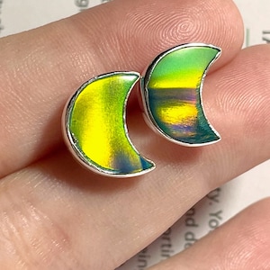 925 - Aurora Opal Moon Studs, Sterling Silver, Aurora Opal Aqua Green Crescent Moon Earrings, Opal doublet Moon Stud Earrings, aurora Opal