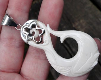 Carved Bone Whale Necklace: Sterling Silver Pendant, Natural Stone, Handmade