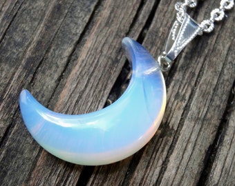 925 Large Moon, Opalite stone Sterling Silver Necklace, Opalite Carved Moon Pendant Sterling Silver Chain Necklace, Opalite Moon necklace