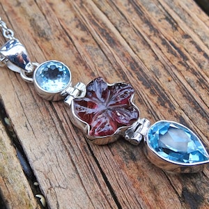 925 - Pink Tourmaline Hand Carved Flower and Blue Topaz Necklace, Sterling Silver, Natural Tourmaline Pendant, Carved gemstone, Botanical