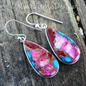 925 YOU PICK Pink Spiny Oyster in Turquoise Sterling Silver Earrings, Natural stone, Spiny Oyster earrings, 925 Silver Blue Turquoise Copper