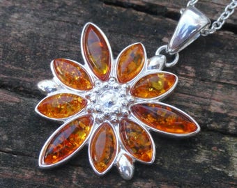 925 - Große Bernsteinkette, Sterling Silber, Natürlicher Baltischer Bernstein Anhänger, Multistein, Natur-Bernsteinkette, Statement, Blumenanhänger
