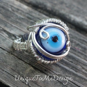 925 Blue Evil Eye Ring Size 8, Sterling Silver, Wire Wrapped Handmade Evil Eye Glass ring, Statement Ring Size 8, Hand Painted Glass Eye