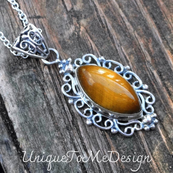 925 Tiger s Eye Necklace Sterling Silver Natural Tigers Eye Pendant 925 Silver Victorian Brown Stone Necklace Handmade Natural Stone Etsy