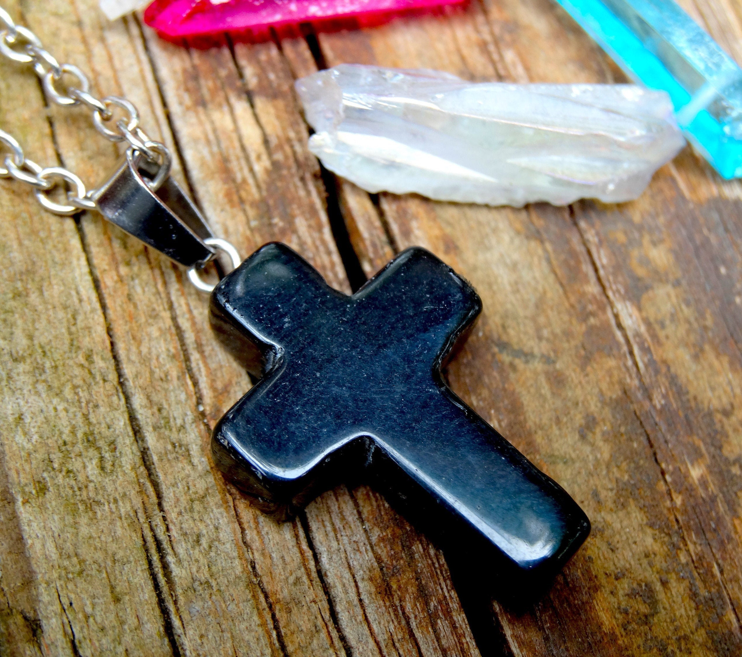 Sterling Silver Natural Genuine Black Onyx Cross Pendant Necklace Sterling Silver 18 Chain Natural Stone Black Cross 925 Necklace