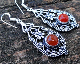 925er Sterlingsilber – Ohrringe mit Karneol, Naturstein, handgefertigte Boho-Ohrringe, Statement-Ohrringe mit orangefarbenem Karneol