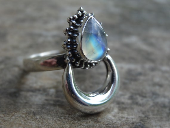 Rainbow Moonstone Sterling Silver Ring Natural Blue Glow Size Varied sizes