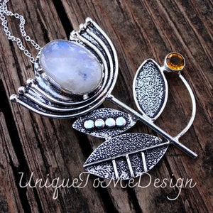 925 - Large Rainbow Moonstone Flower with Citrine Necklace, Sterling Silver, Natural Stone Pendant, Bohemian Handmade, Botanical, Citrine