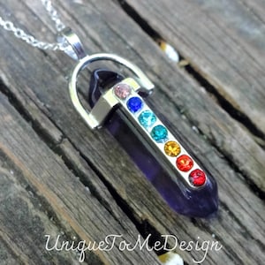 925 - Chakra Amethyst Necklace, Natural Amethyst Crystal Rainbow Chakra Pendant, Crystal point on sterling silver Chain Purple Amethyst