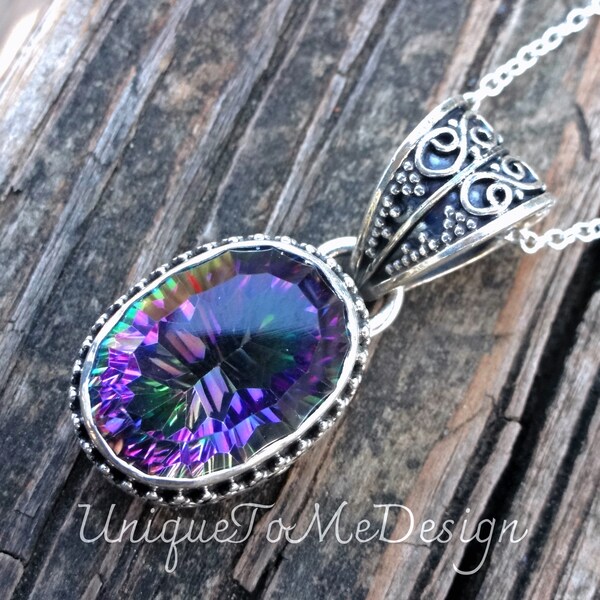 925 - Rainbow Topaz Sterling Silver Necklace, Sterling Silver Mystic Topaz Gemstone Pendant, Bohemian detailed pendant, Rainbow Topaz