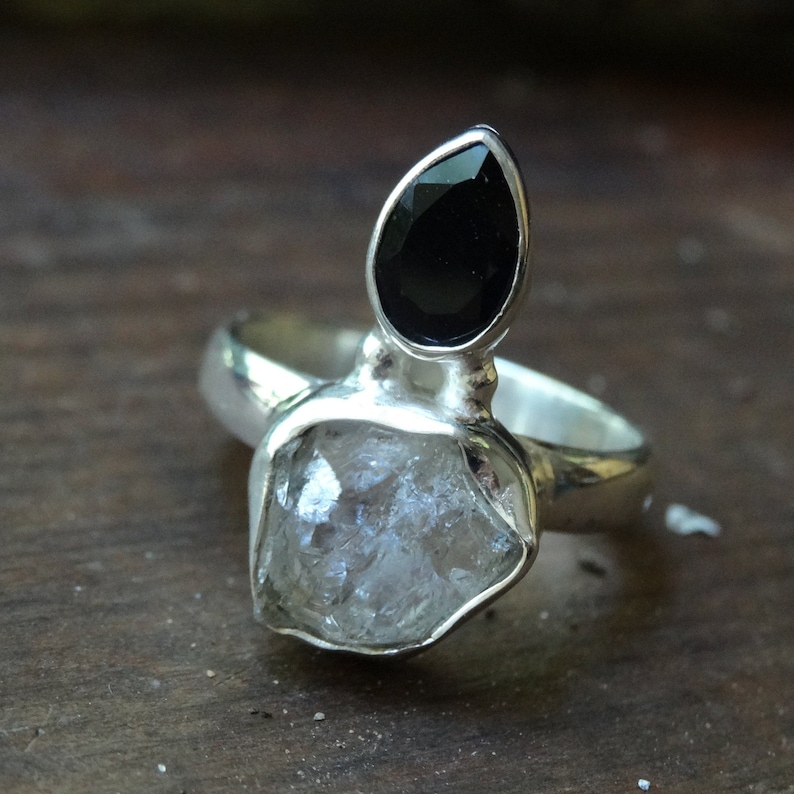 Sterling Silver Natural Herkimer Diamond Black Onyx Ring Size 6 double-terminated quartz crystal ring Natural Stone Ring size 6 Diamond Ring