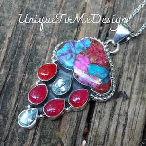 925 - Rain Cloud, Carved Stone Necklace, Sterling Silver Pink Spiny Oyster in Turquoise, Blue Topaz, & Ruby Pendant, Handmade Statement