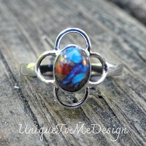 925 - Pink Spiny Oyster in Blue Turquoise Ring Size 7.5, Sterling Silver Natural Spiny Oyster Ring, Handmade Ring 7 8, Purple Spiny Oyster
