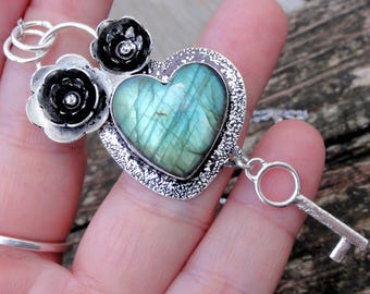 925 - Blue Green Labradorite Heart & Key Statement Necklace, Sterling Silver, Handmade Botanical Large Labradorite Pendant on Silver Chain