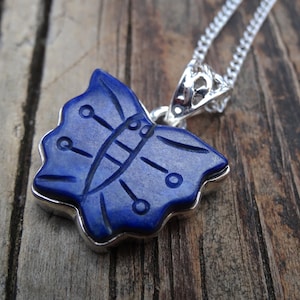 925 - Hand Carved Lapis Butterfly Necklace, Sterling Silver Blue Lapis Lazuli Pendant, Carved stone Butterfly, 925 Silver Lapis Statement