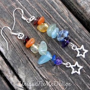 925 - Long Rainbow Chakra Gemstone Earrings, Sterling Silver, Natural Stone, 7 Chakra Star Earrings, Handmade Earrings, Multi Stone earrings