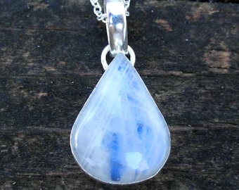 925 Rainbow Moonstone Sterling Silver Necklace: Teardrop Moonstone Flashy Pendant Handmade necklace 18" 925 Silver chain