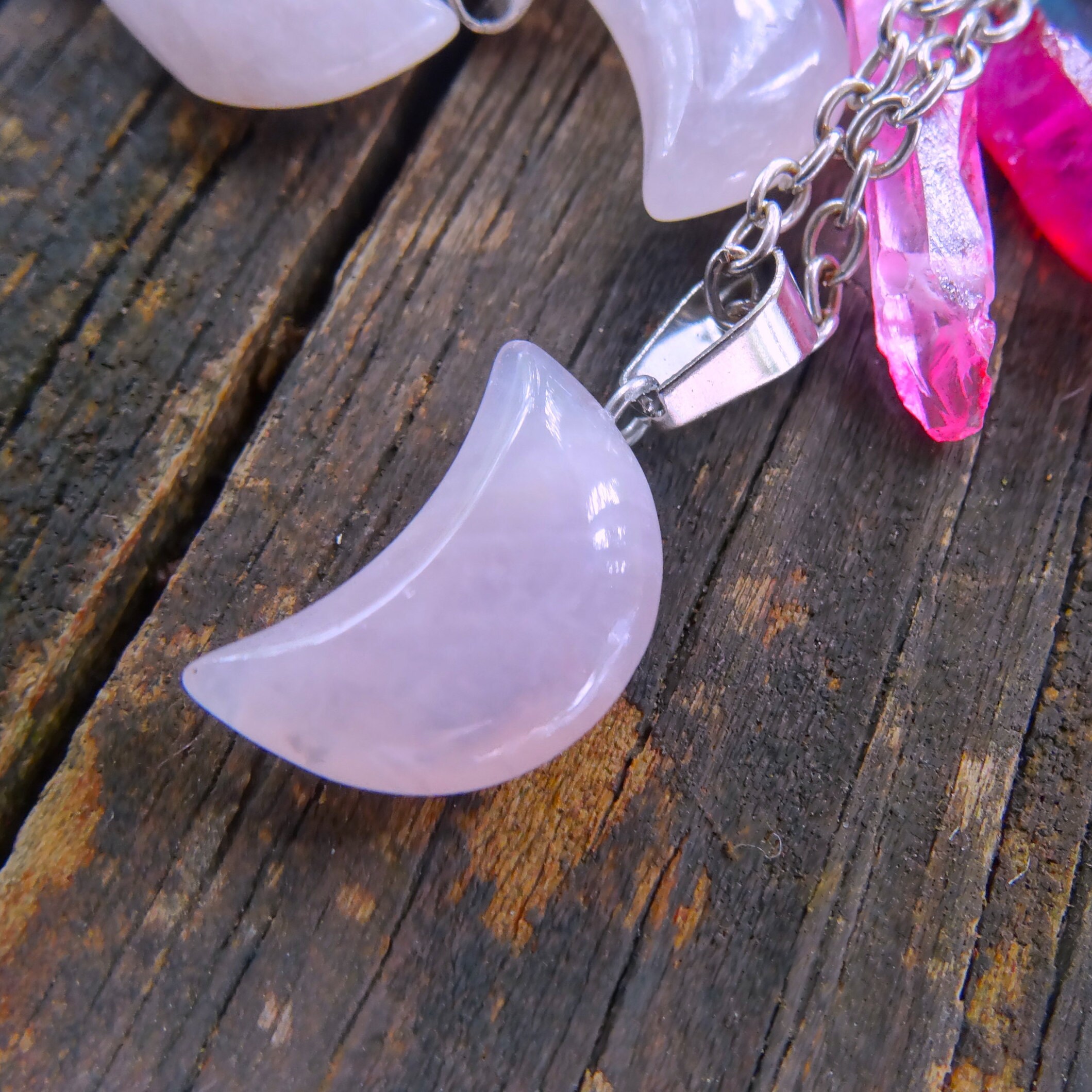 925 Moon Natural Rose Quartz Stone Sterling Silver Necklace Rose