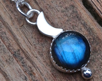 Blue Labradorite Moon Pendant: Sterling Silver Celestial Necklace