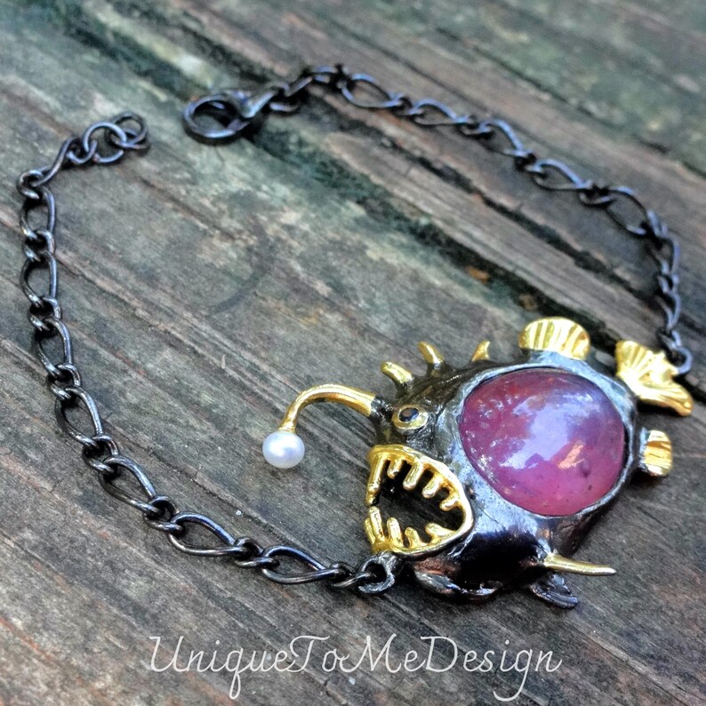 925 Anglerfish Pink Ruby Bracelet, Sterling Silver, 14k Gold, Handmade