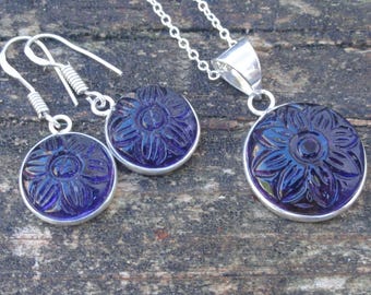925er Sterlingsilber – Amethyst-Halskette & Ohrringe, Ohrringe aus natürlichem, violettem Amethyst, handgefertigtes Schmuckset mit geschnitztem Stein