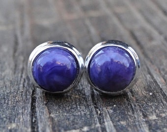 7mm 925 Silver Purple Charoite Stud Earrings, Sterling Silver Round Natural Charoite gemstone Studs, Natural stone Earrings Dainty Round