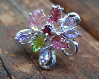 Botanical Hand Carved Tourmaline Sterling Silver Ring Size 7, 925 Silver Natural Pink Green Tourmaline Multi-Stone ring, Amethyst, Rhodolite