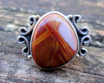 Ring aus 925er Sterlingsilber mit natürlichem Mookait-Jaspis, Größe 6 – Natursteinring aus rotem und gelbem Jaspis – Natursteinring, Größe 6