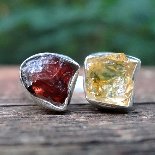 925 Raw Citrine & Garnet Ring Size 7.5, Sterling Silver, Natural Stone, Red Garnet, Yellow Citrine Adjustable ring, rough Multi Gemstone 7 8