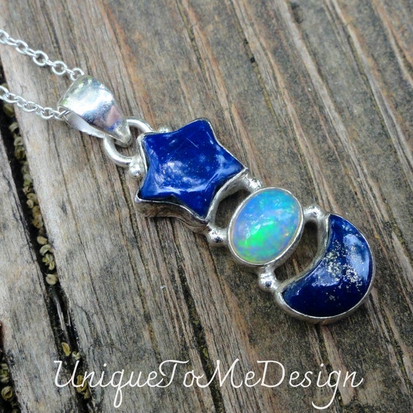 925 Blue Lapis & Ethiopian Opal Necklace, Sterling Silver, Natural Stone Pendant, Gemstone Rainbow Opal Celestial OOAK Moon Star Pendant