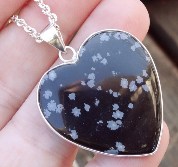 Heart Pendant Necklace Carved Snowflake Obsidian stone Necklace 
