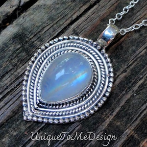 925 - Rainbow Moonstone Necklace, Sterling Silver, Natural Stone Pendant, Handmade Necklace, Flashy Moonstone Statement Necklace,
