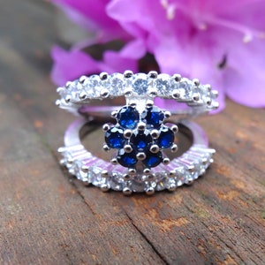 Handmade Sterling Silver Flower Ring, Natural Blue Sapphire & White Topaz, Size 7