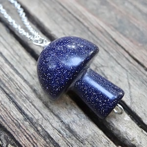 925 - Mushroom, Blue Goldstone stone Sterling Silver Necklace, Blue Goldstone Carved Mushroom Pendant on Sterling Silver, Botanical Necklace