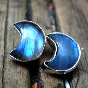 Handmade Sterling Silver Labradorite Moon Stud Earrings
