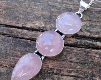 925 Handgemachte Rosenquarz Sterling Silber 3 "Anhänger, Rosa Rosenquarz Naturstein Edelstein Halskette