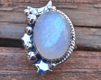 925 Moon Star Rainbow Moonstone Ring, Sterling Silver Natural Moonstone gemstone Statement Ring, Silver Moons and Stars Handmade Ring