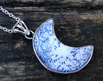 925 - Mond Dendrit Opal Halskette, Sterling Silber, Dendrit Opal Statement Mond Anhänger, Schwarz Weiß Himmlische Mond Halskette Handgemacht