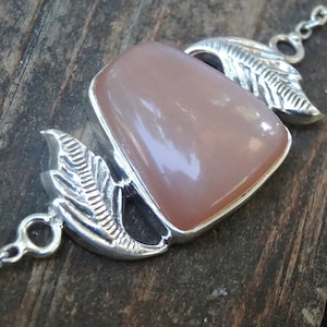 925 - Peach Moonstone Bracelet, Sterling Silver, Natural Stone, Peach Moonstone Detailed Feather Bracelet, Statement Moonstone