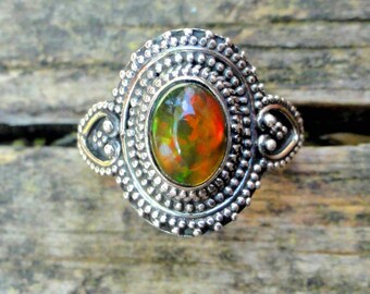 Handmade Sterling Silver Black Opal Ring: Natural Gemstone, Size 7